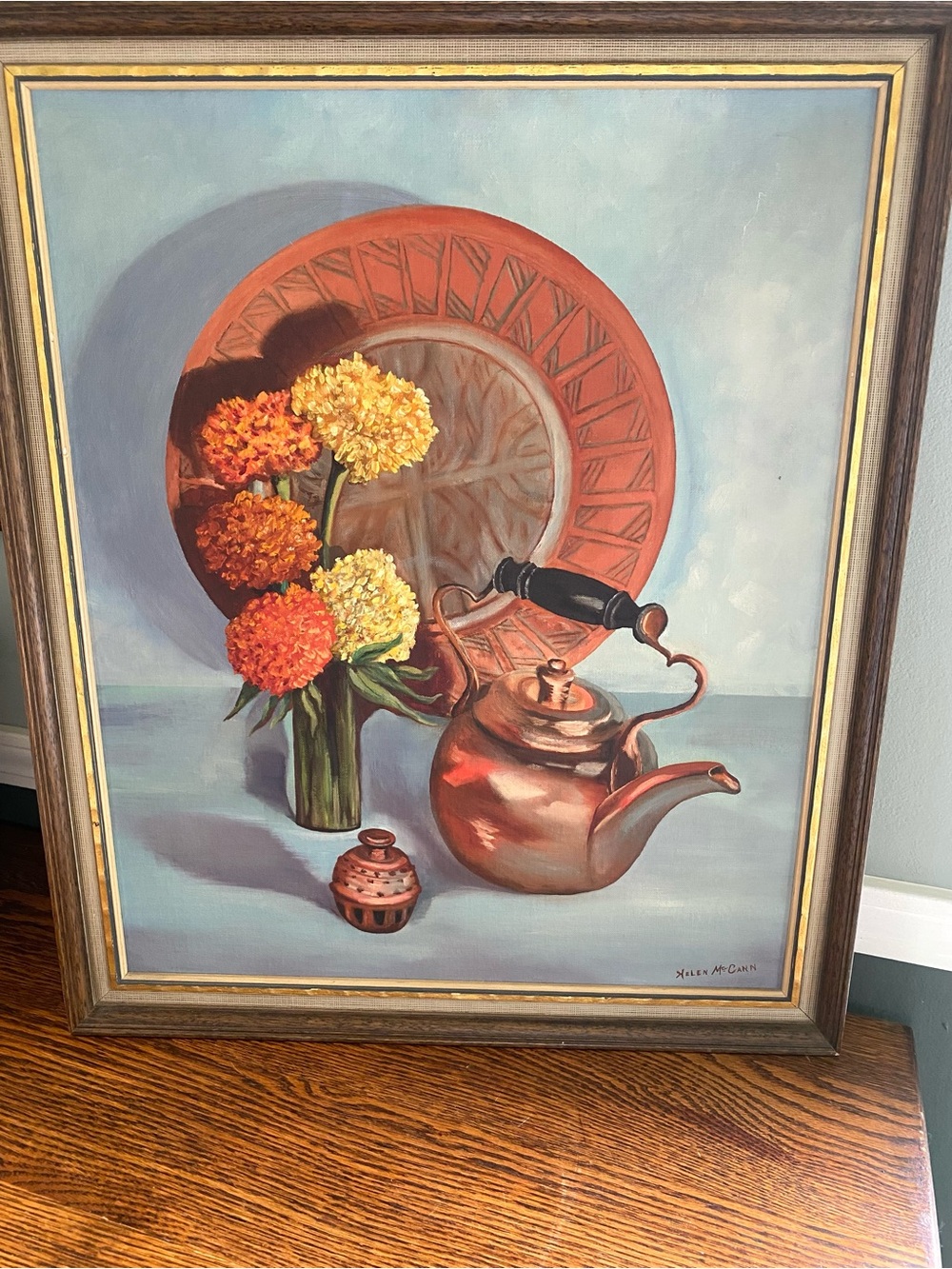Vintage Mid Century Framed Original Oil Painting Flowers Tea Kettle Signed Helen